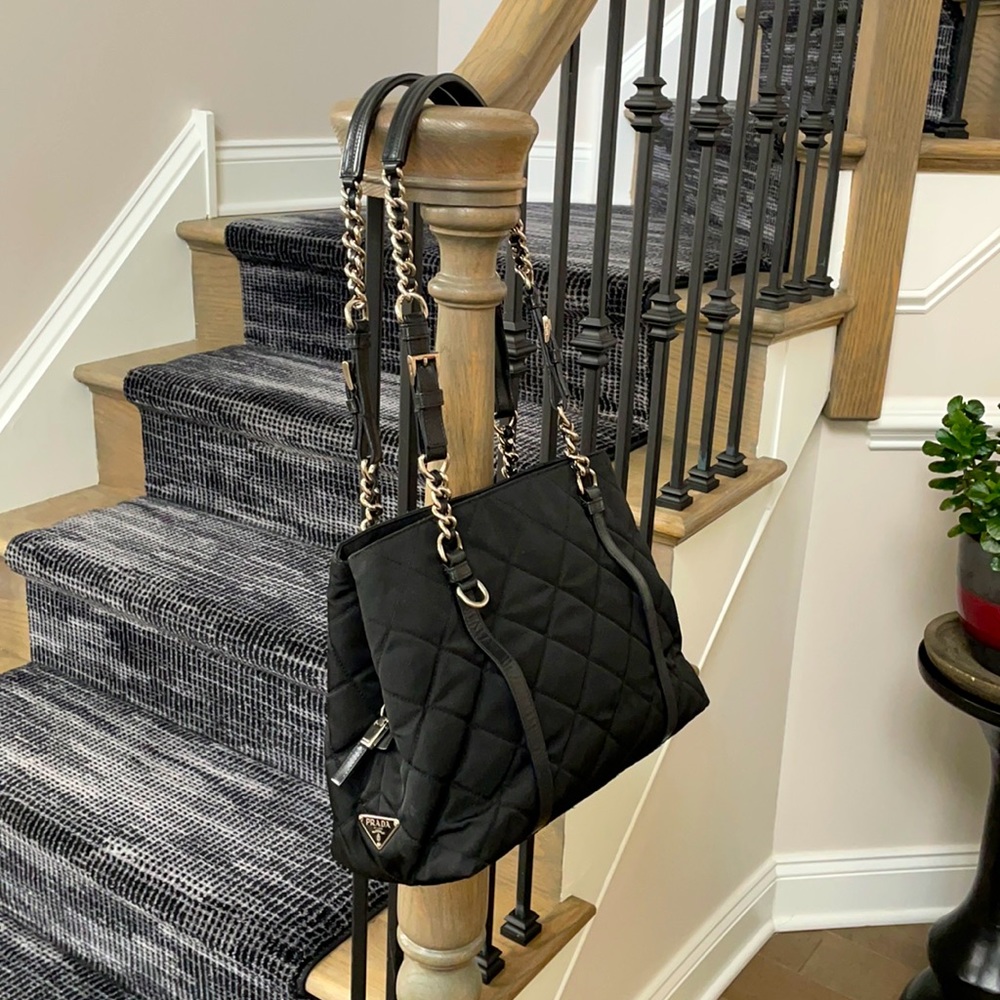 PRADA NYLON Two-Strap Shoulder Bag with many compartments.
